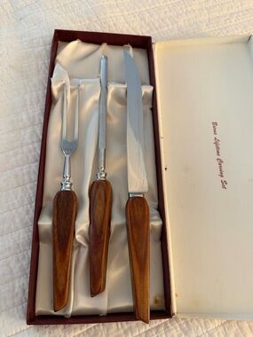 Burns 3-Piece Carving Set With Wooden Handles Vintage MCM